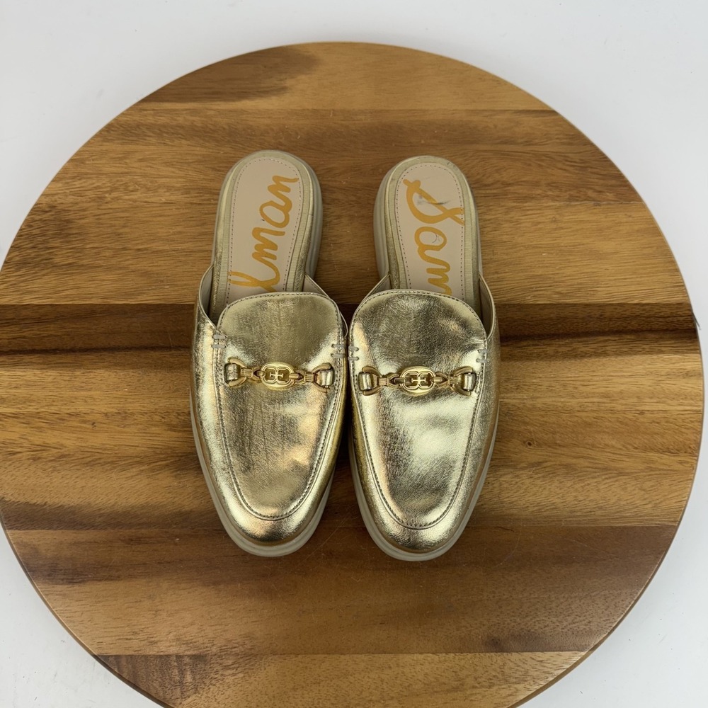 Womens Sam Edelman Kira Gold Leather Horsebit Slip On Shoes Mules Size 5.5 M GUC